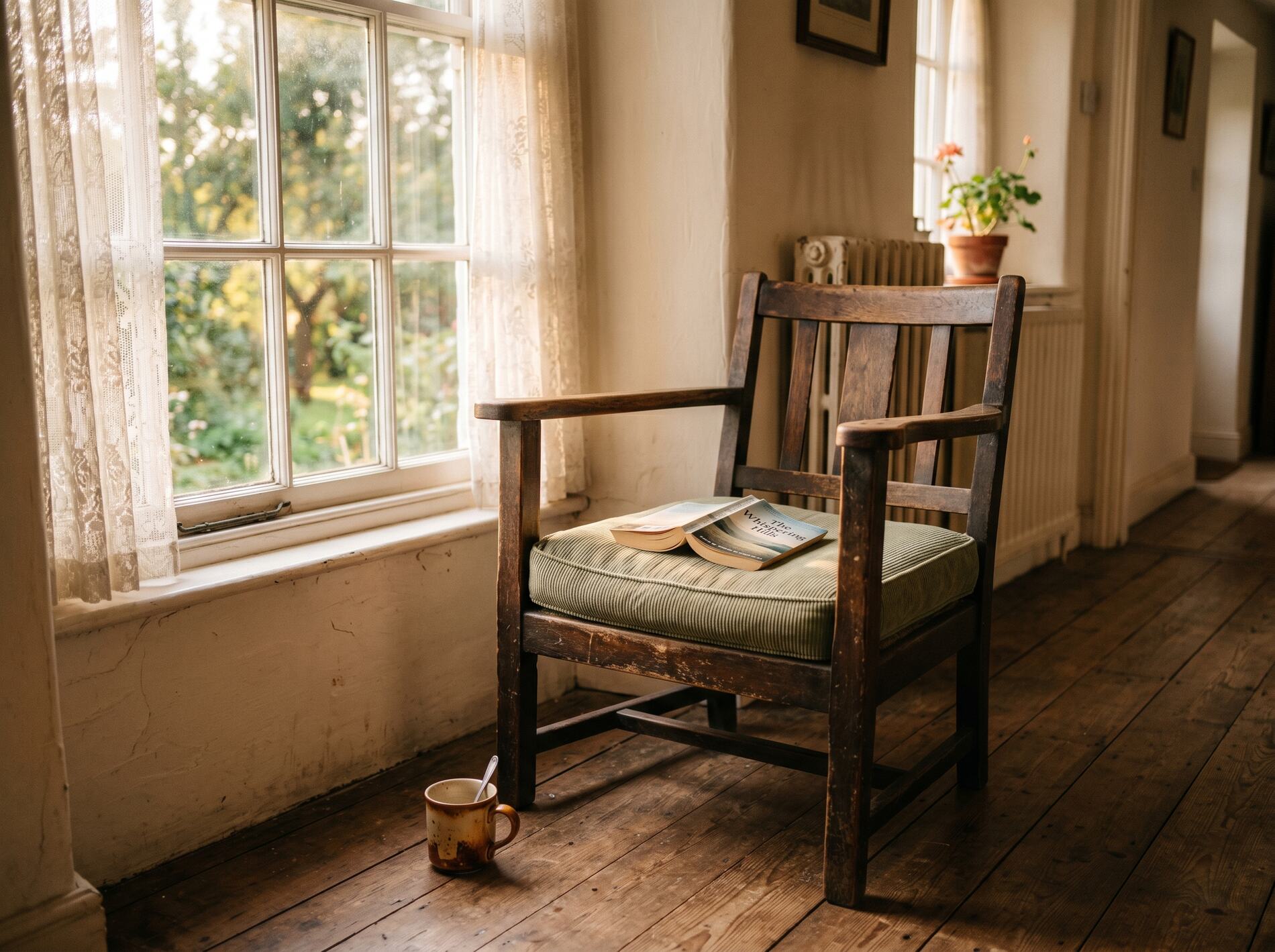 A wooden chair by a window, a book left open on the cushion, a cup on the floorboards.