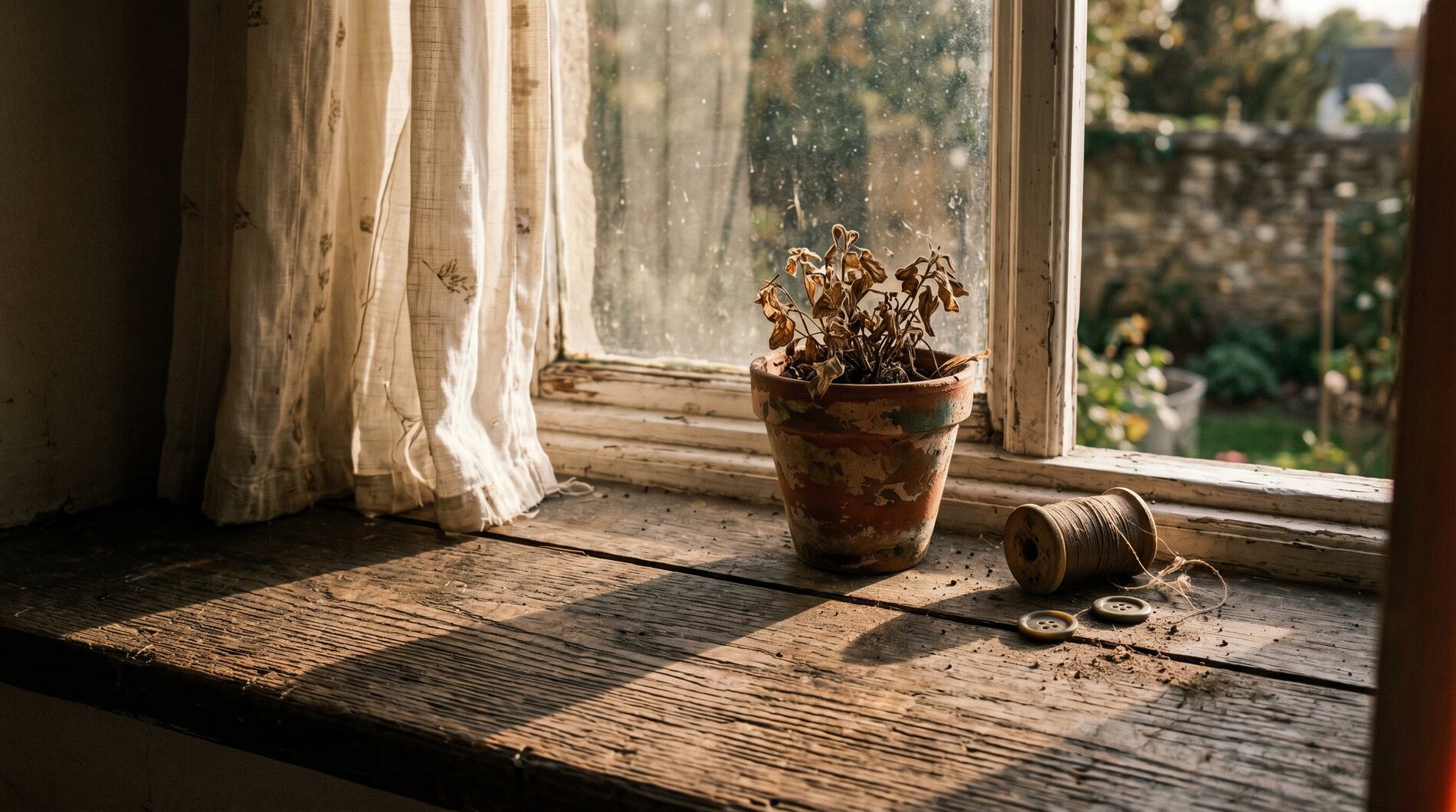 A windowsill in soft daylight, a potted plant, a spool of thread, two buttons.