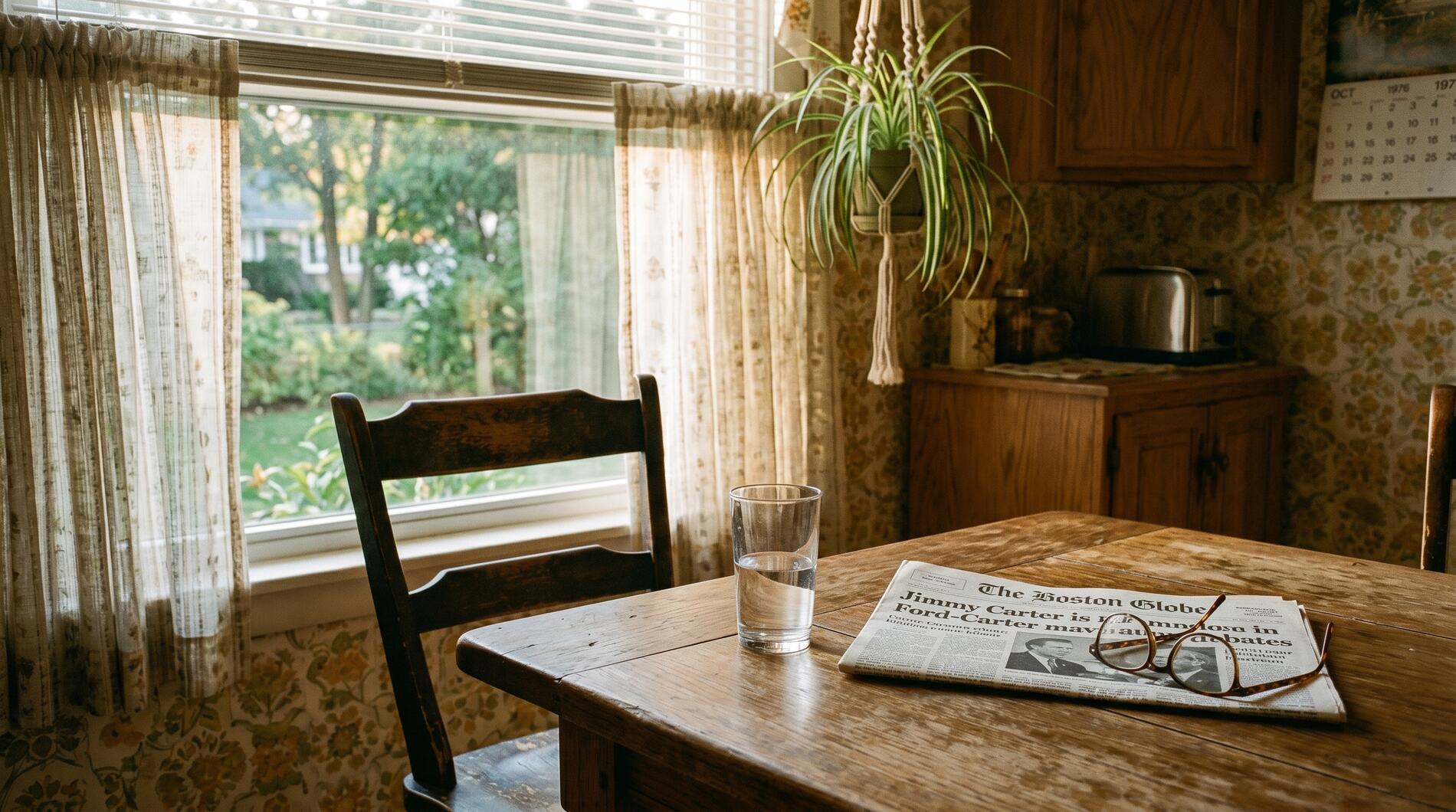 A kitchen table by a window, a folded newspaper and reading glasses, a glass of water.