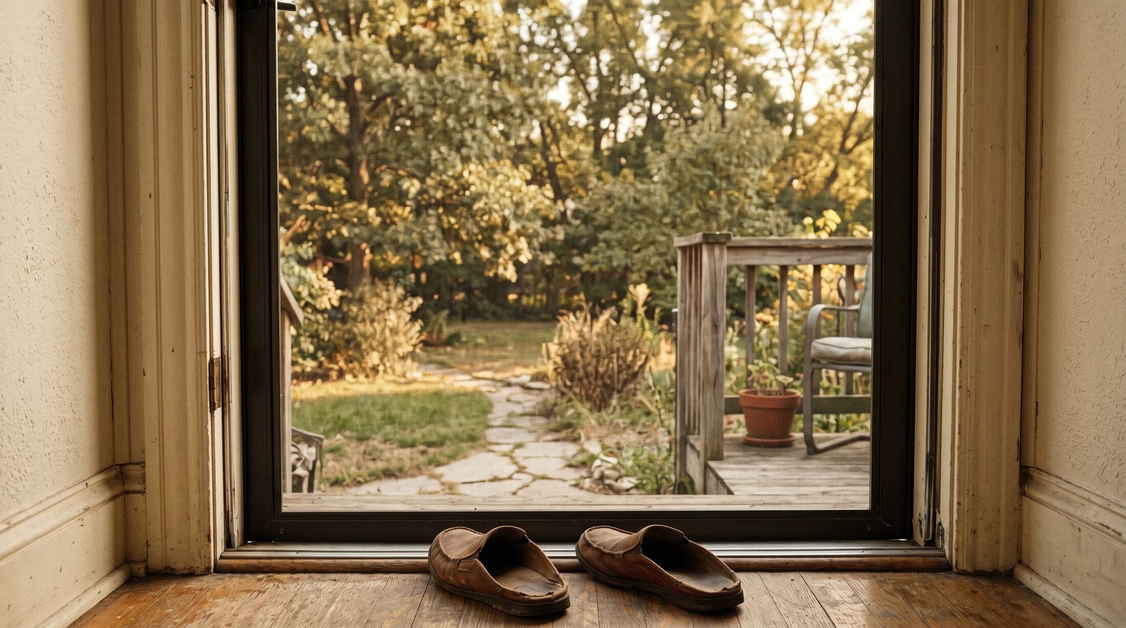 A screen door open to a garden in late afternoon light, a pair of worn slippers on the floor.